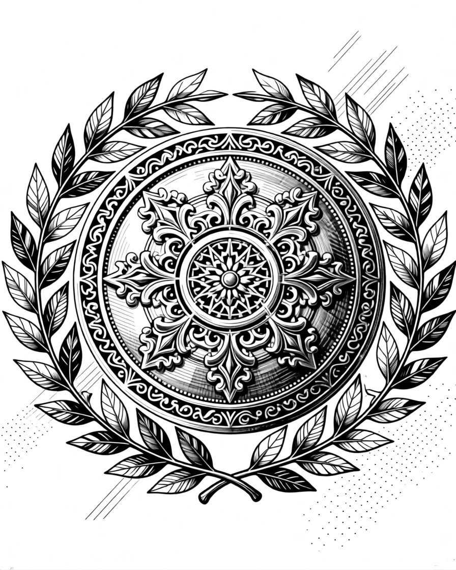 A decorative medallion framed by laurel branches arranged in perfect radial symmetry, with delicate details layered at every scale, forming a gracefully composed decorative composition.