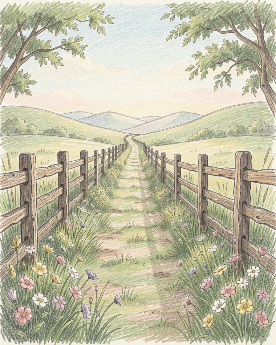 A rural farm lane lined with split-rail fences and wildflowers, framed thoughtfully to draw the eye toward the central subject, full of charm, emotion, and visual delight.