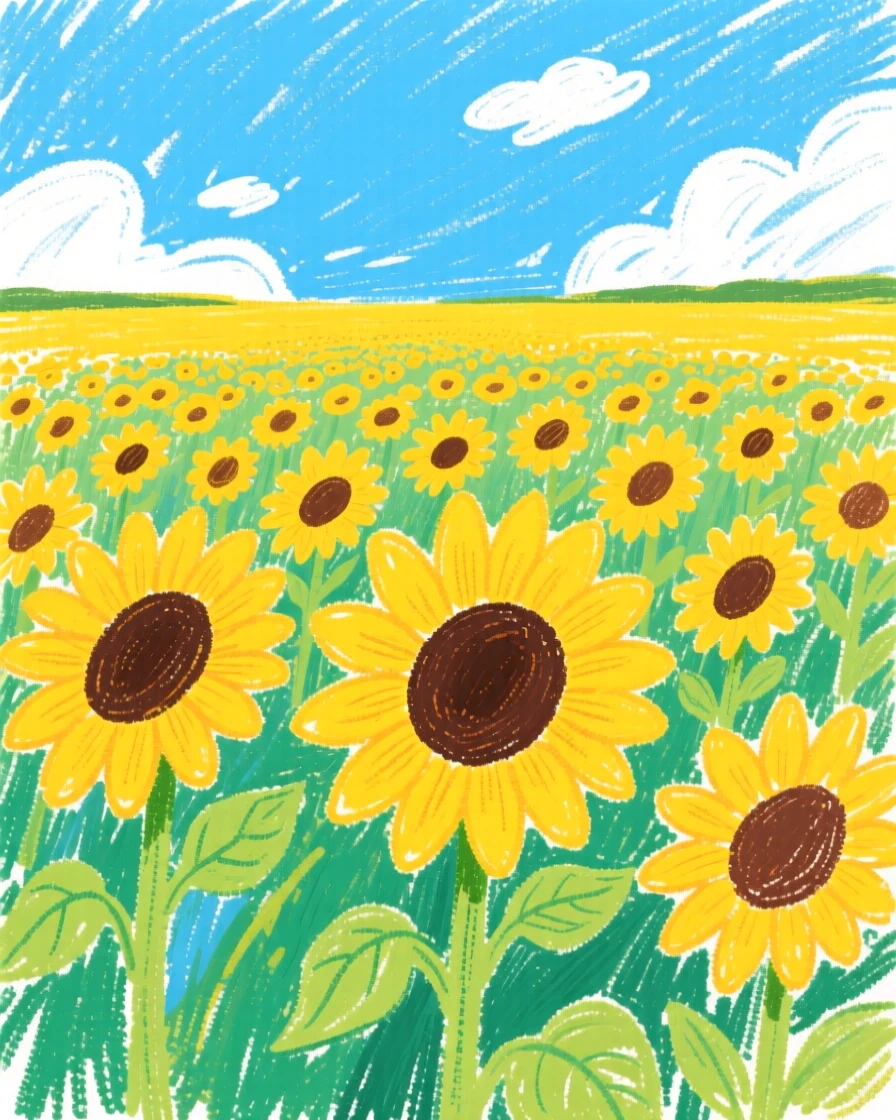 A sunflower field stretching toward the horizon under blue sky.