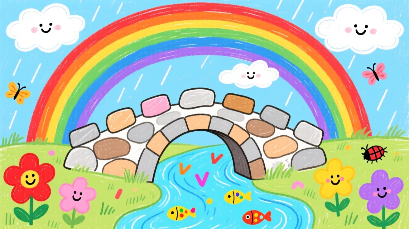 An old stone bridge over a gentle stream under a brilliant double rainbow.