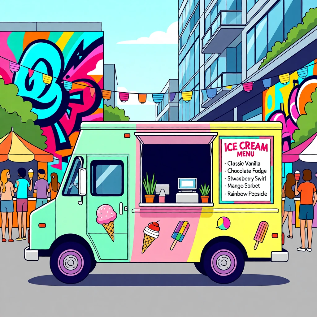A colorful ice cream truck parked at a lively summer festival, surrounded by colorful street art and modern architecture, composed with a candid, lifestyle-magazine feel, with vibrant, trendy colors that feel fresh and current.