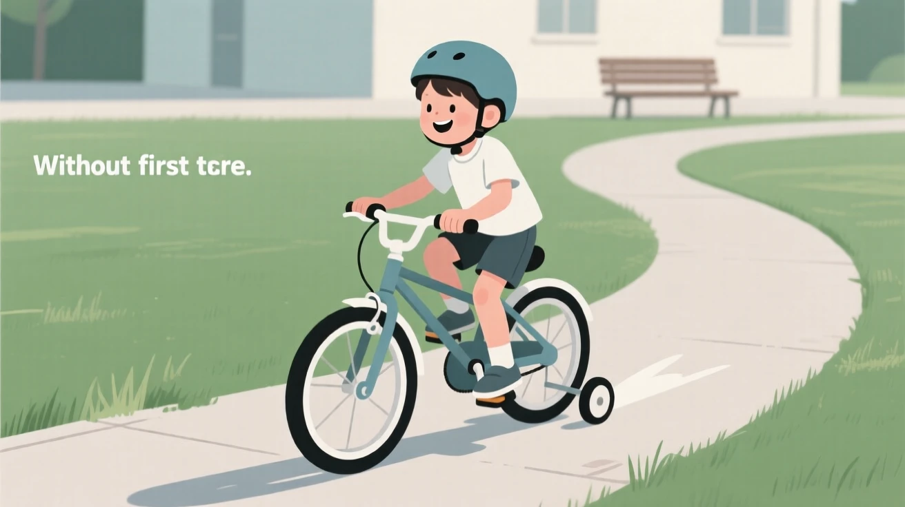 A child riding a bicycle without training wheels for the first time.