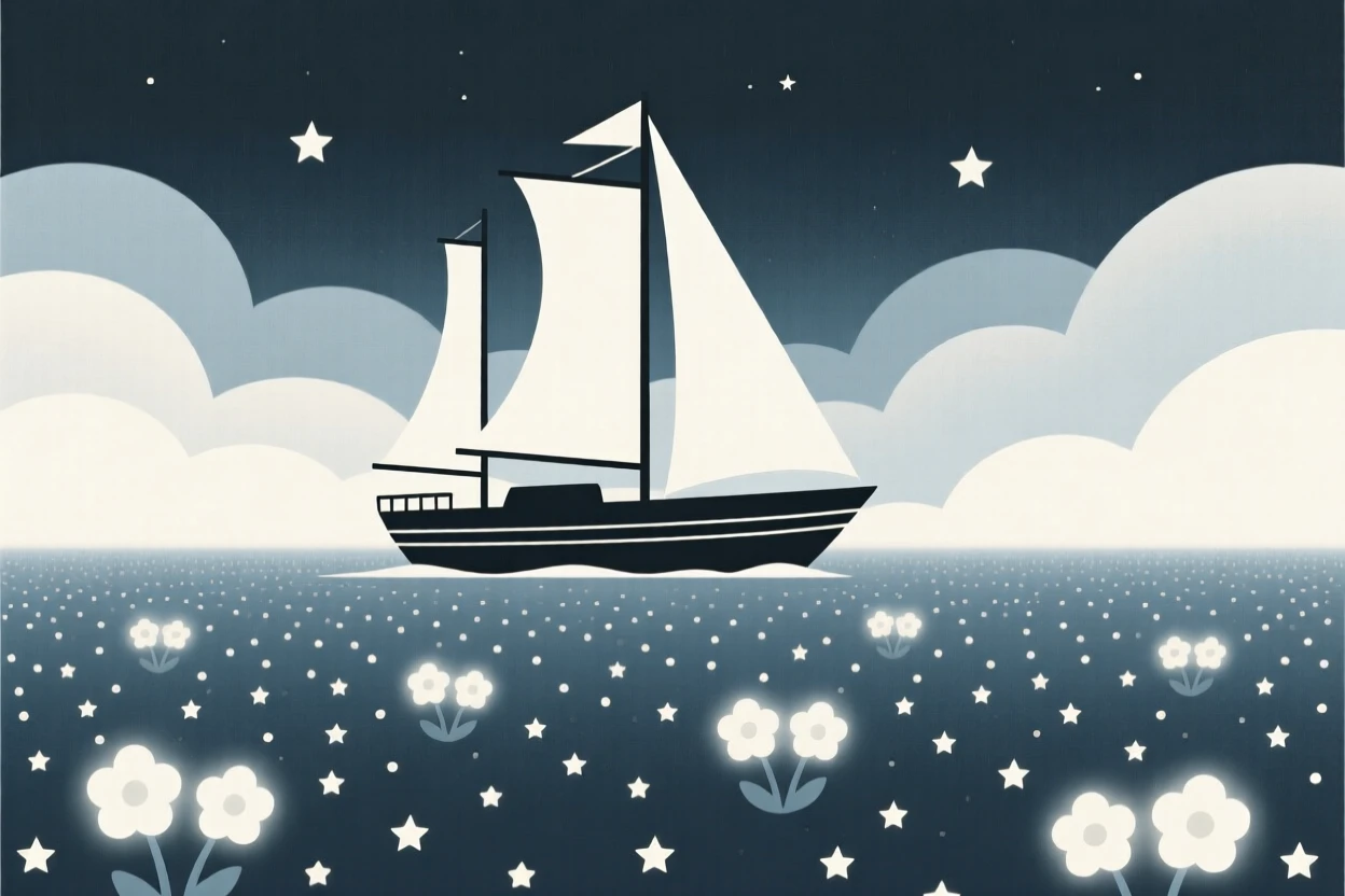 A dreamlike ship sailing across a sea of clouds rising from an endless field of stars, filled with clusters of luminous flowers, evoking dreamlike serenity.