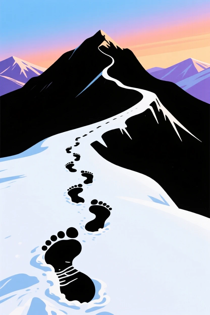 A single row of footprints leading up a snow-covered mountain trail.