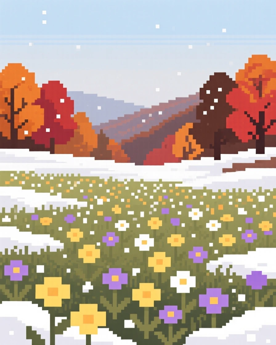 A field of wildflowers dusted with a light layer of fresh snow, within a valley covered in autumn color.