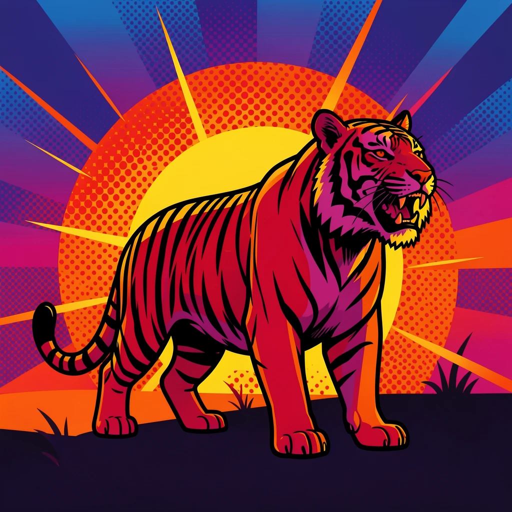 A fierce tiger silhouetted against a lit sunset