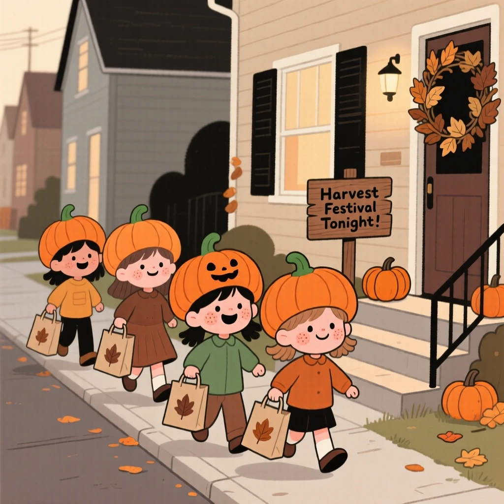 Children in little pumpkin hats carry small paper bags through a quiet neighborhood street decorated for a harvest festival, giggling at every doorway.