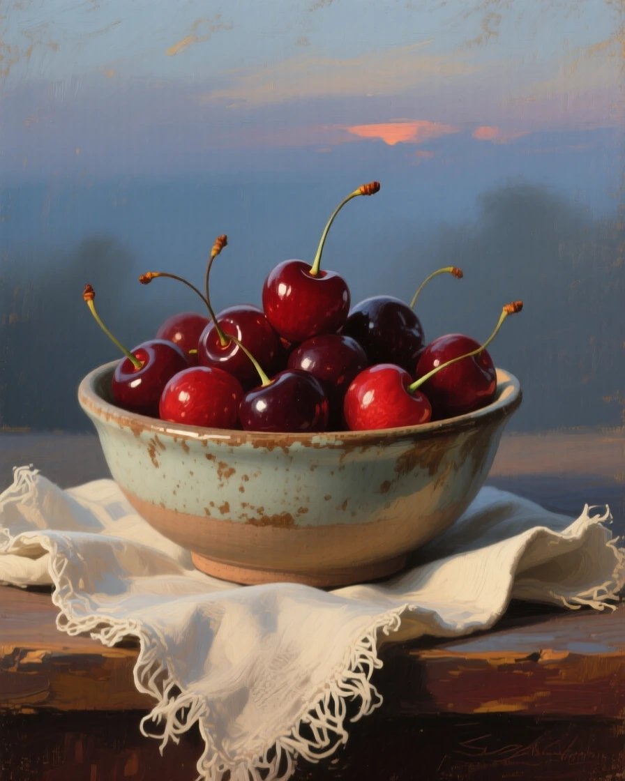 A detailed close shot of a bowl of freshly picked cherries beside a linen napkin, at twilight.