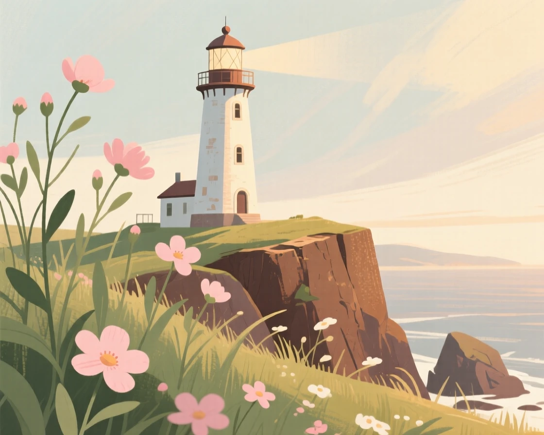 A lighthouse framed by wildflowers on a summer clifftop