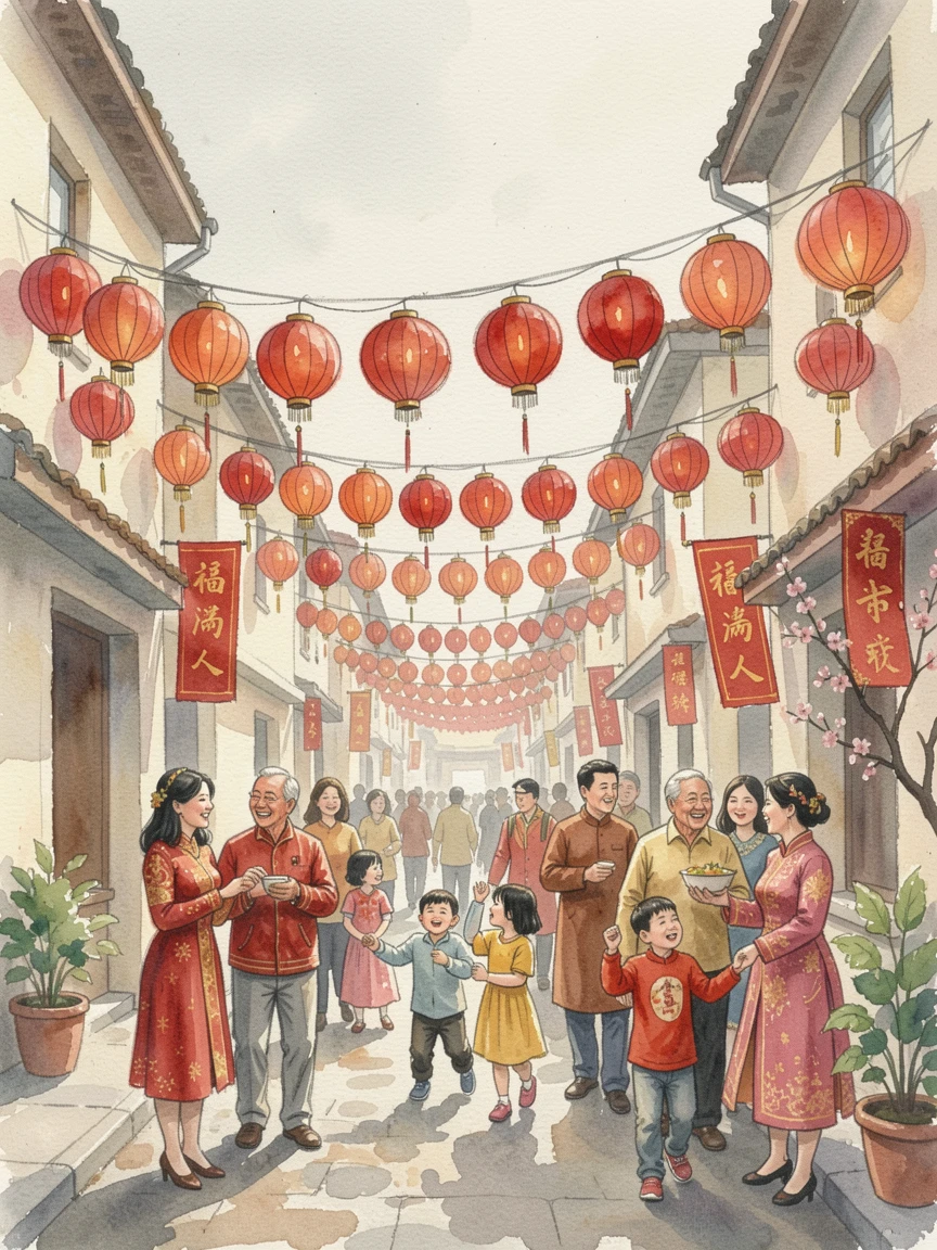 A Lunar New Year street filled with red lanterns surrounded by joyful family and friends.