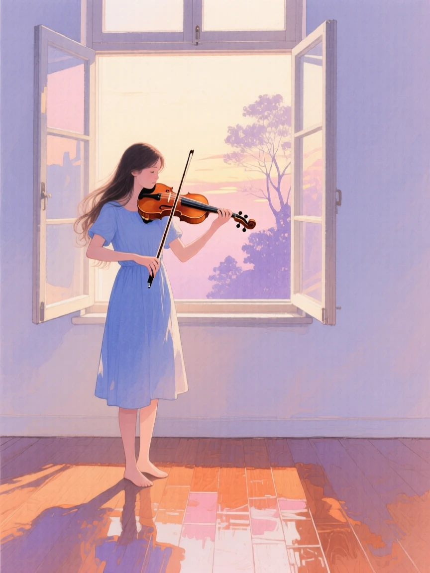 A violinist practices beside an open window as evening light spills across a wooden floor