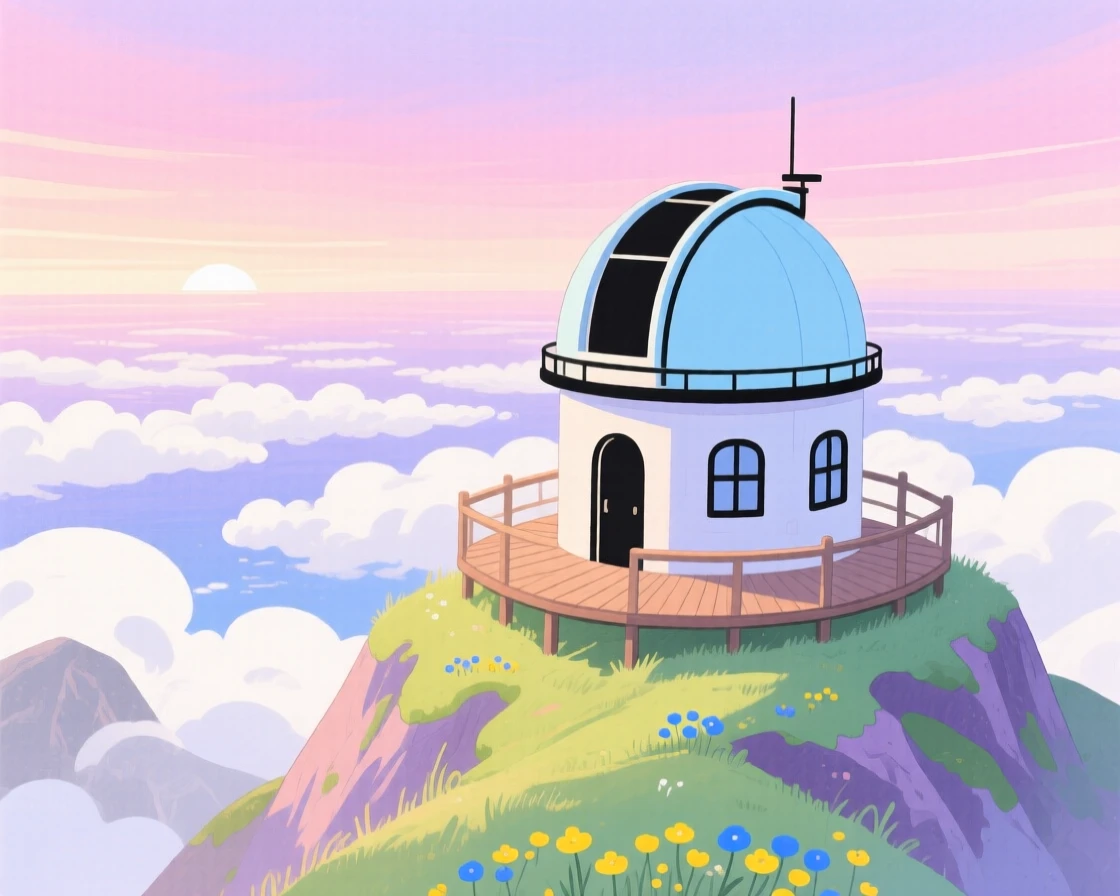 A mountaintop observatory overlooking the clouds, bathed in soft magical light.