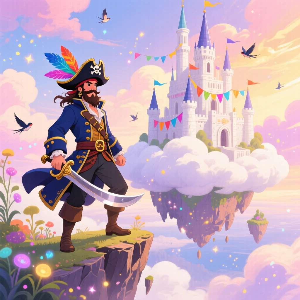 A pirate captain standing before a castle perched atop a cloud, in a floating island kingdom above the clouds, filled with wonder and magical excitement.