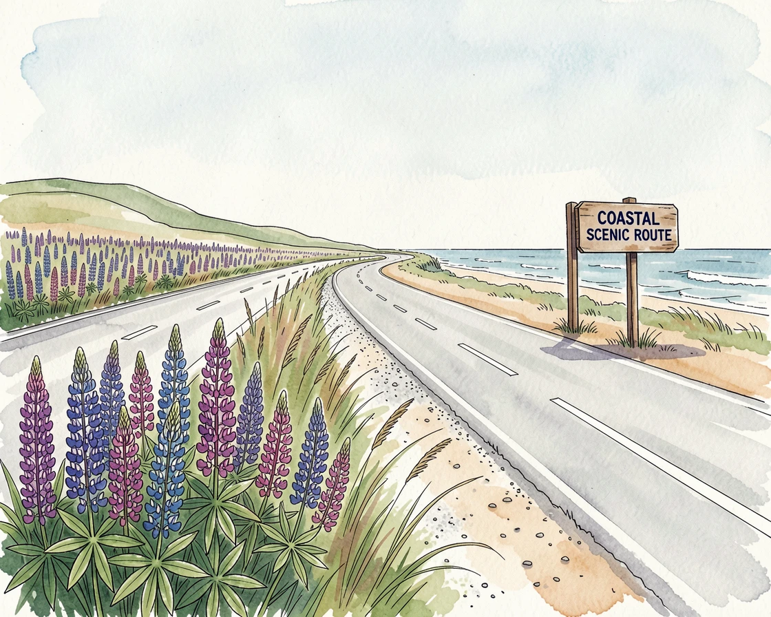 A field of wild lupine stretching along a coastal highway, a gentle breeze rippling through the grass and leaves.