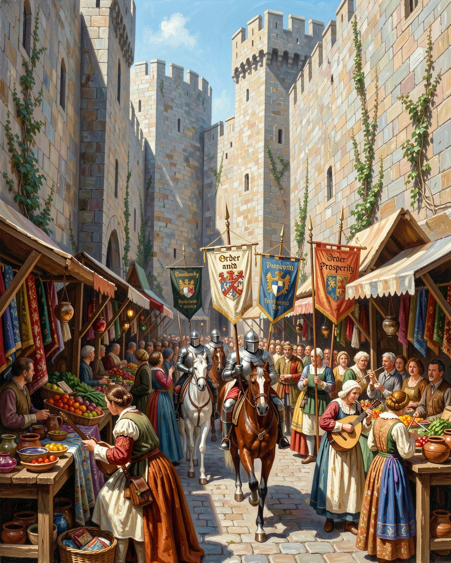 Beneath towering stone city walls, a bustling medieval marketplace filled with merchants, townsfolk gathering to watch a passing procession, on a bright, bustling midday.