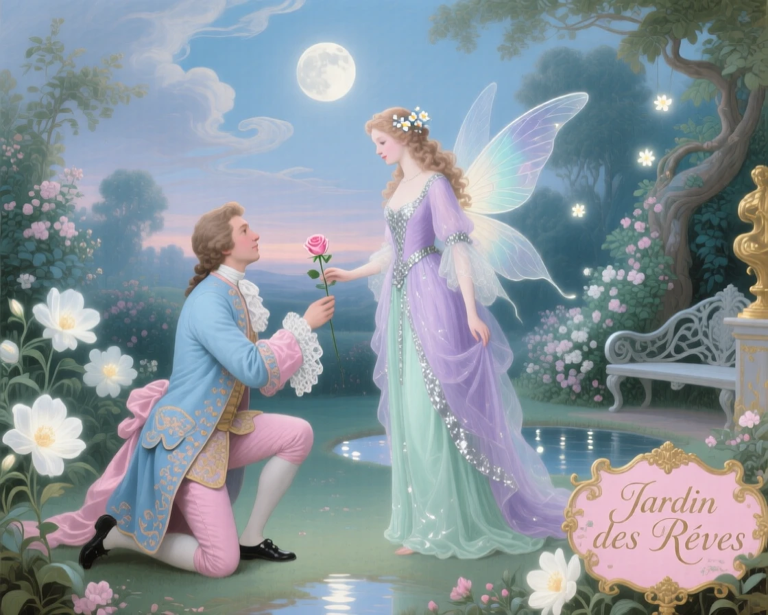 A prince offering a rose to a fairy queen beneath luminous moonflowers  