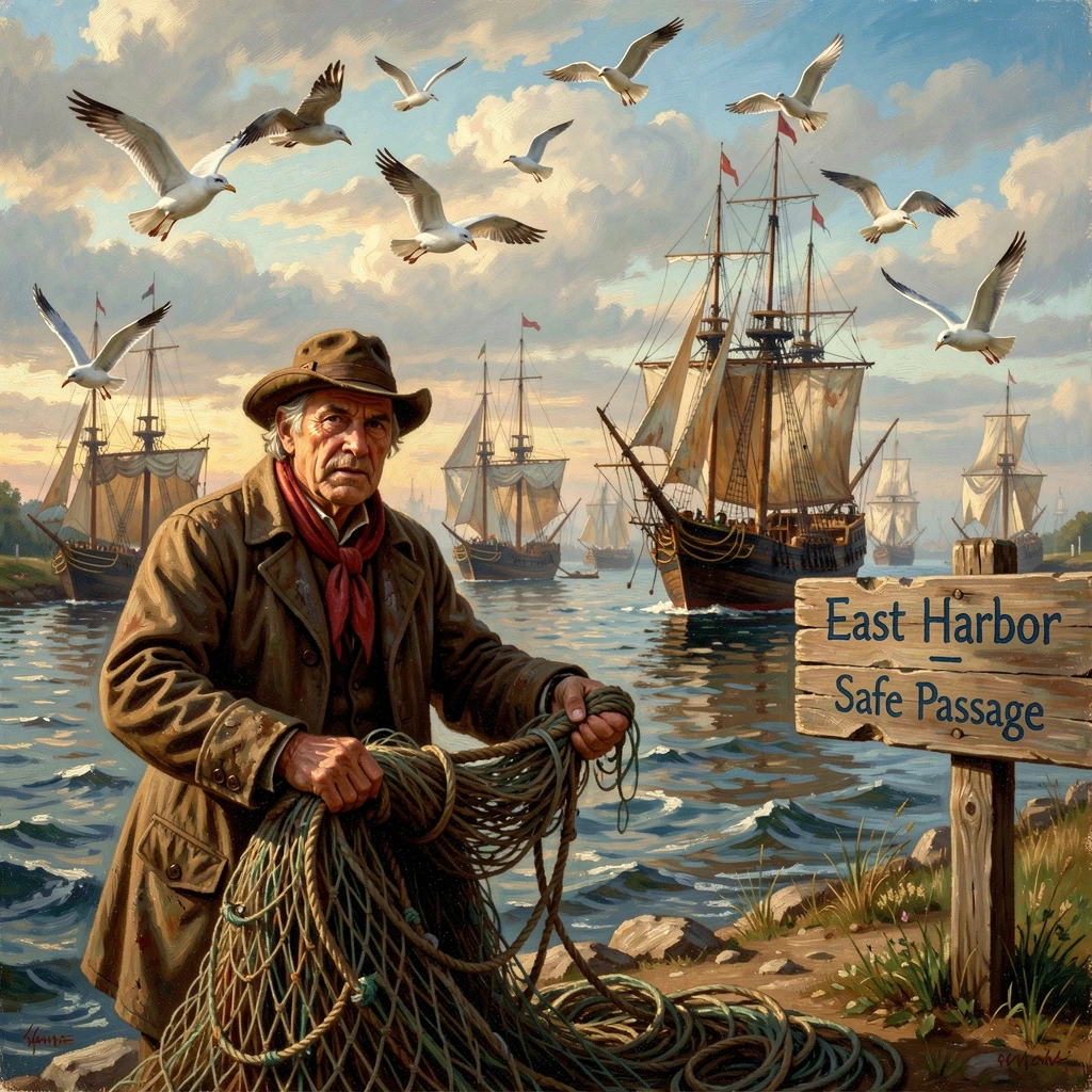 A merchant captain hauls nets beside a channel busy with passing ships as gulls cry overhead.