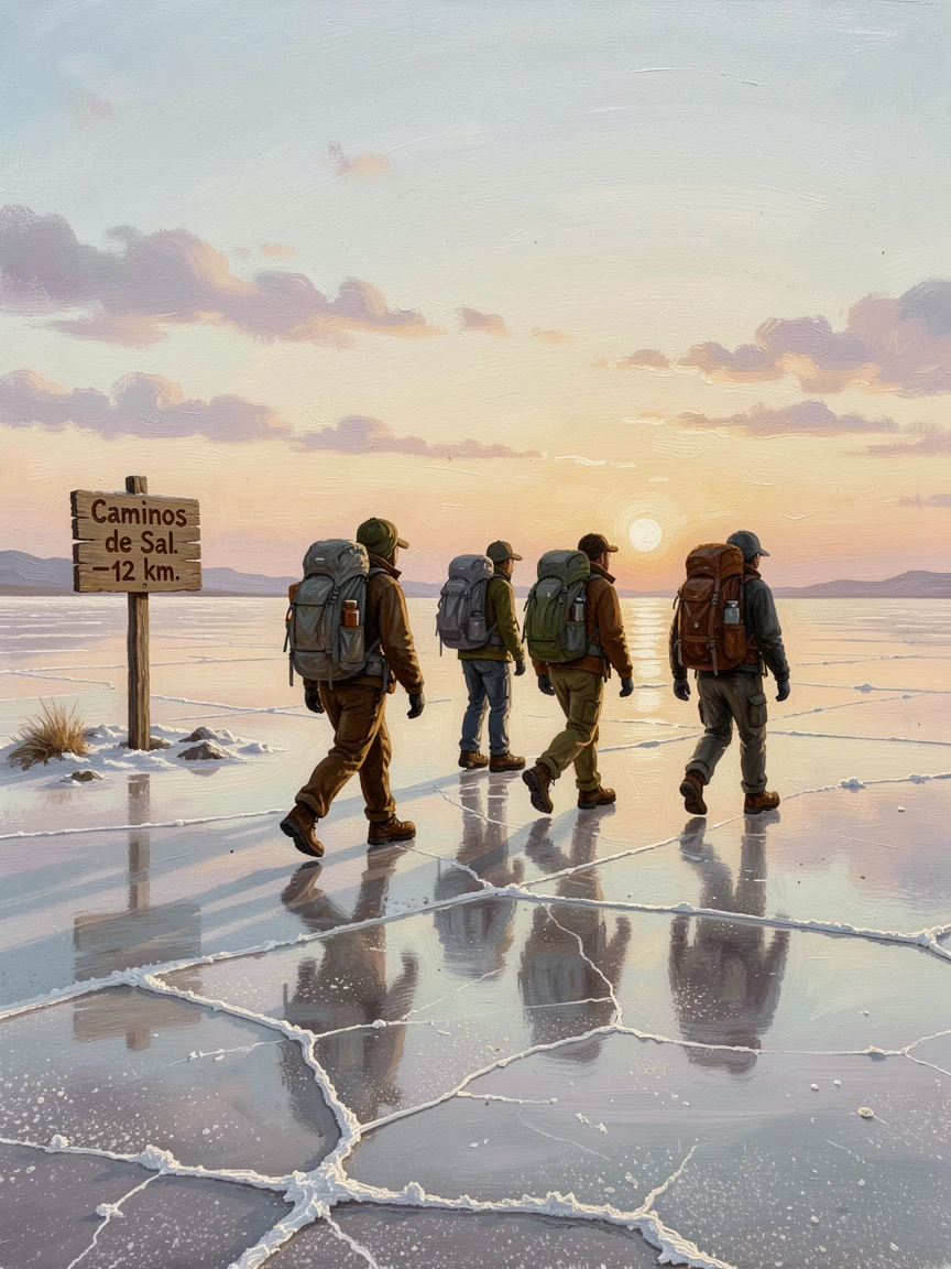 A group of hikers crossing a vast salt flat that mirrors the sky perfectly, as the golden light of dawn or dusk sets the perfect adventurous mood, evoking wanderlust and the irresistible call of adventure