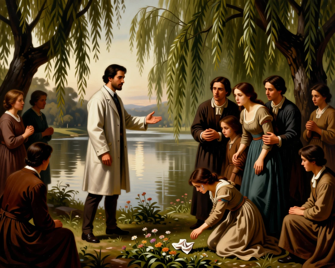 A doctor delivering hopeful news to an anxious family at the moment hope and fear collide, set beside a quiet riverbank framed by willow trees, with trembling hands, tear-streaked faces, and a single dropped object forgotten on the ground; the surrounding onlookers form a soft frame around the emotional core, overflowing with tenderness, relief, and quiet triumph.