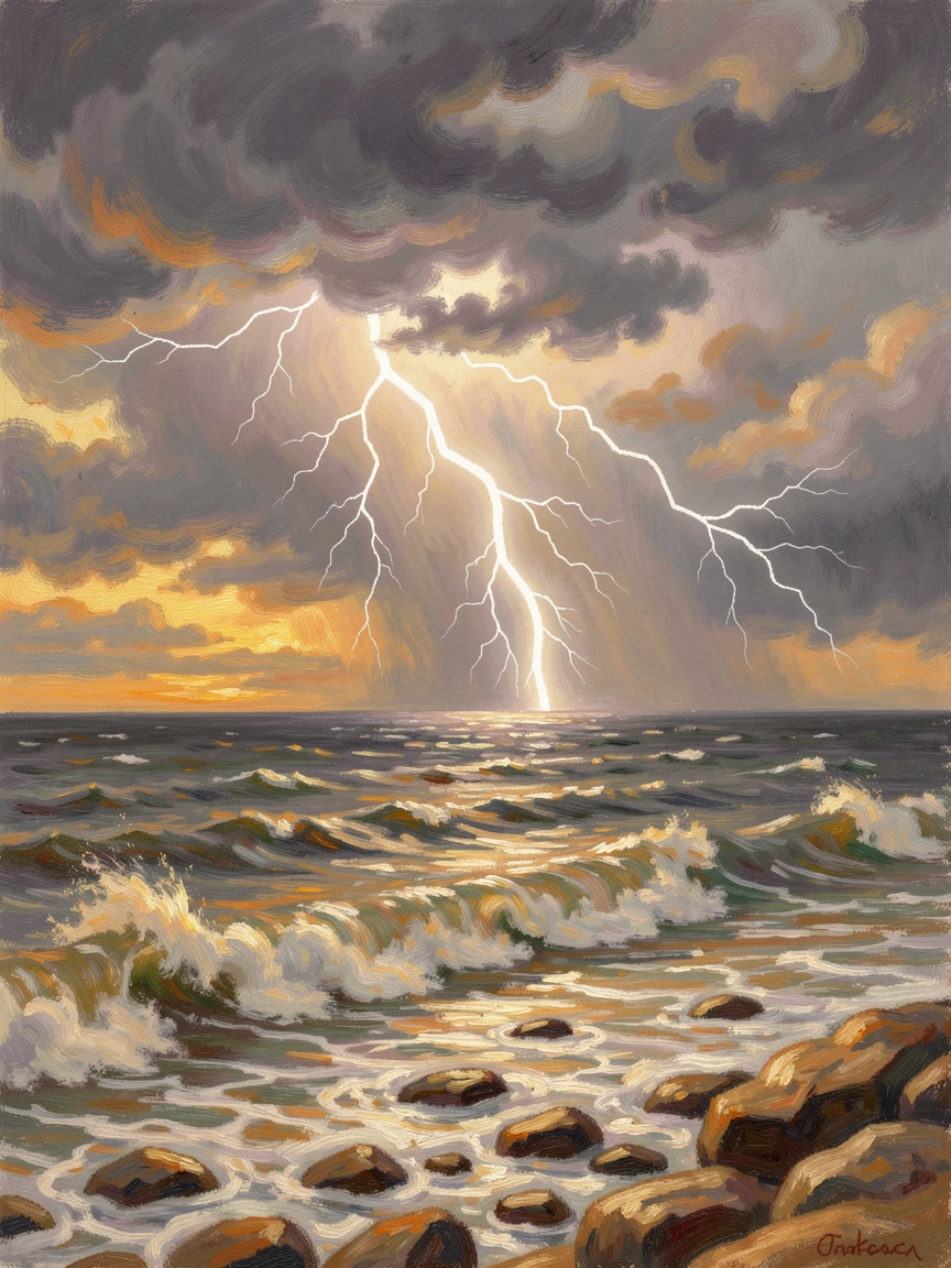 A powerful lightning storm illuminating a dark stormy sea, waves crashing violently against a rocky shore, in the golden days of autumn, radiating serenity and gentle stillness.