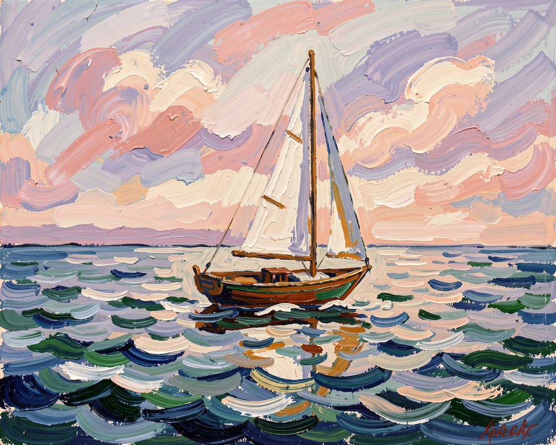 A single sailboat drifting on a calm sea beneath a sky painted in soft pastel hues.