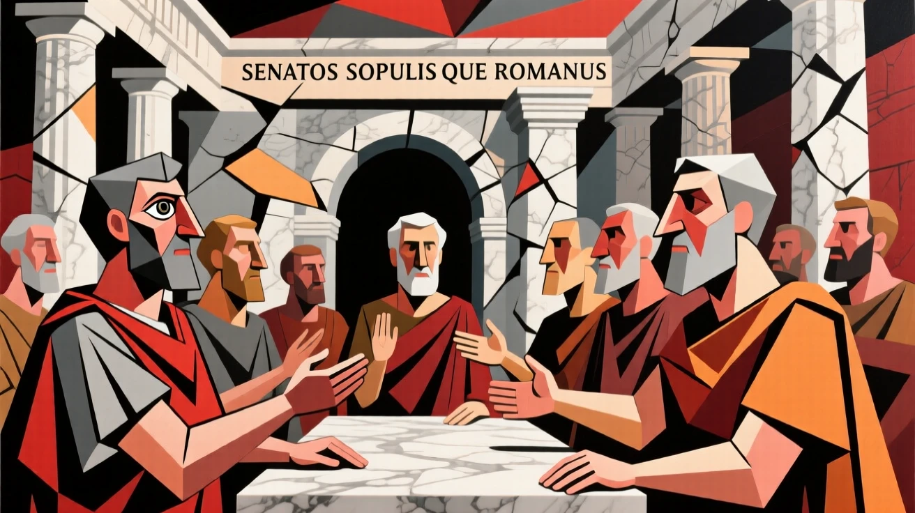 A group of Roman senators debating within the grand marble halls of the forum.