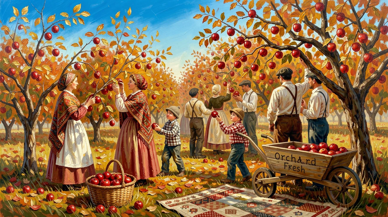 A cozy autumn harvest scene shows an apple orchard with families picking fruit from laden branches beneath a brilliant blue sky, small traditional details in costume and decoration rewarding a closer look.