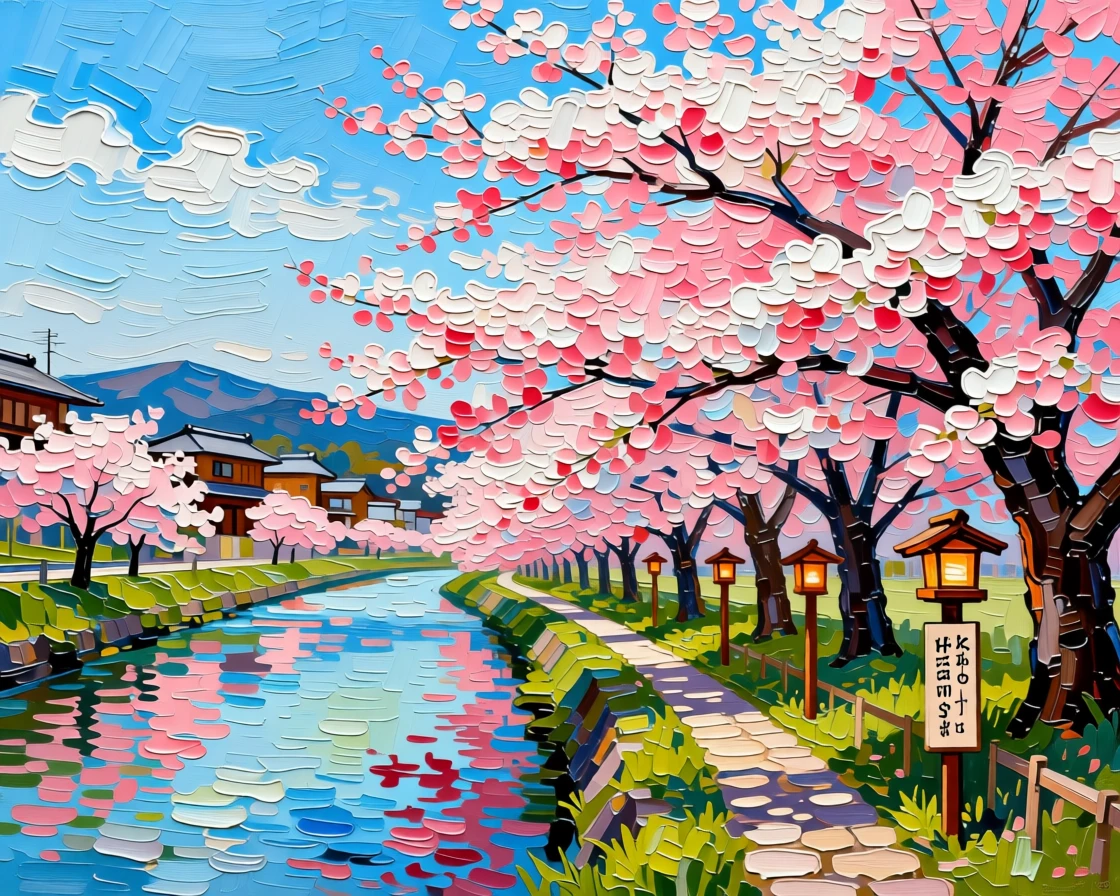 A field of blooming cherry trees lining a quiet canal in Kyoto during peak bloom season
