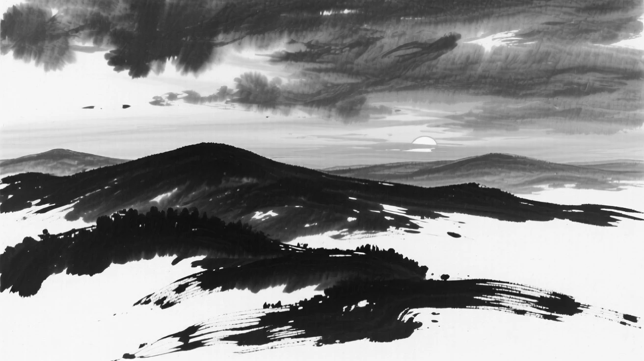 A dramatic sunset paints the sky in shades of orange above rolling hills, beneath a sky transformed by the changing light.
