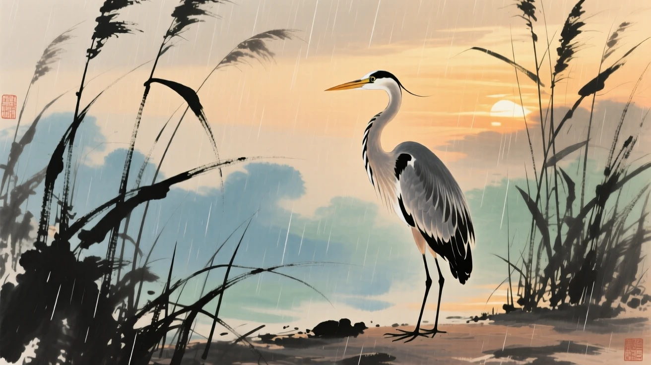 A heron standing motionless among tall reeds, in the last golden light of day, through a curtain of fine rain.