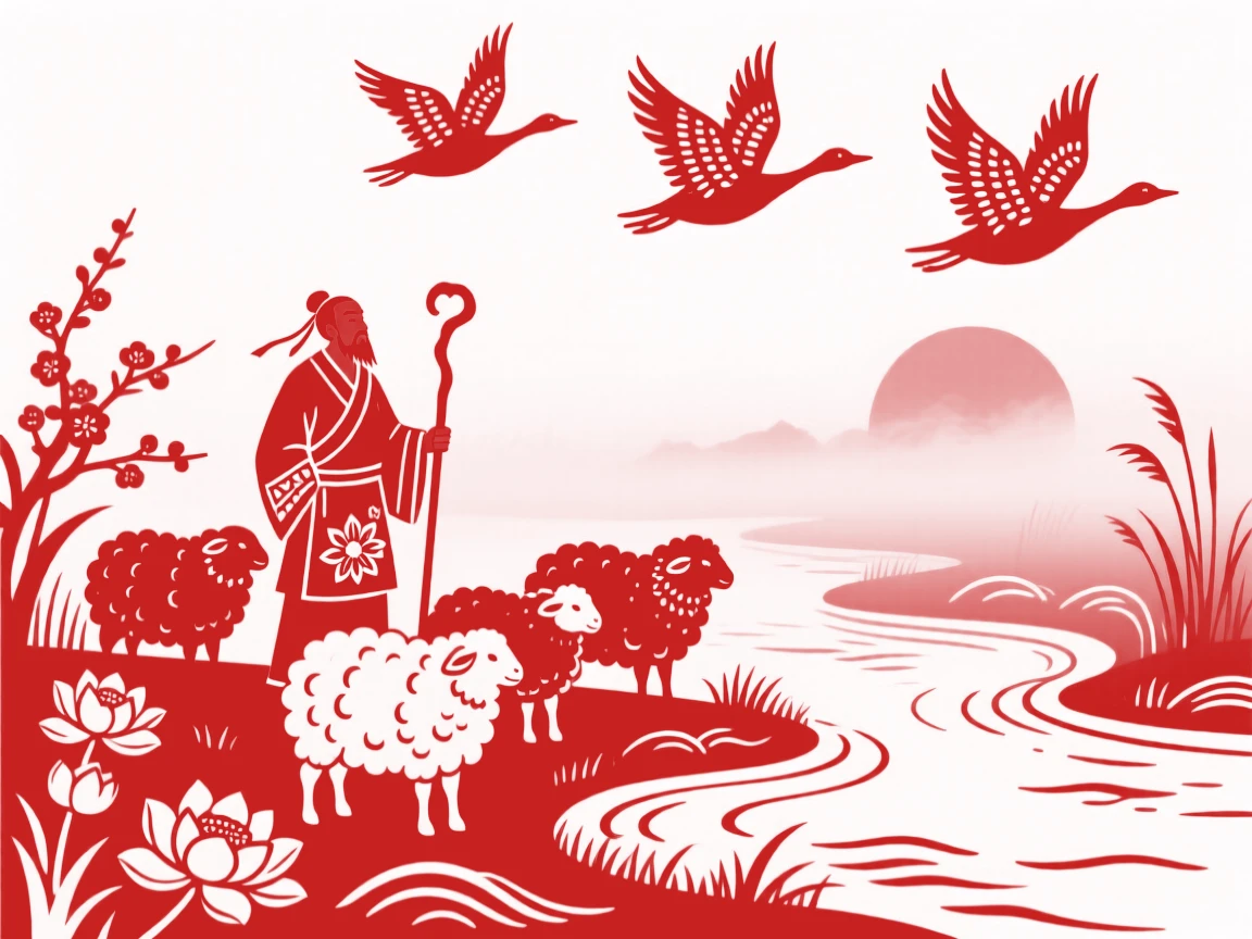 A composition of a shepherd and his flock along a misty riverbank at dawn, wild geese flying in formation overhead.