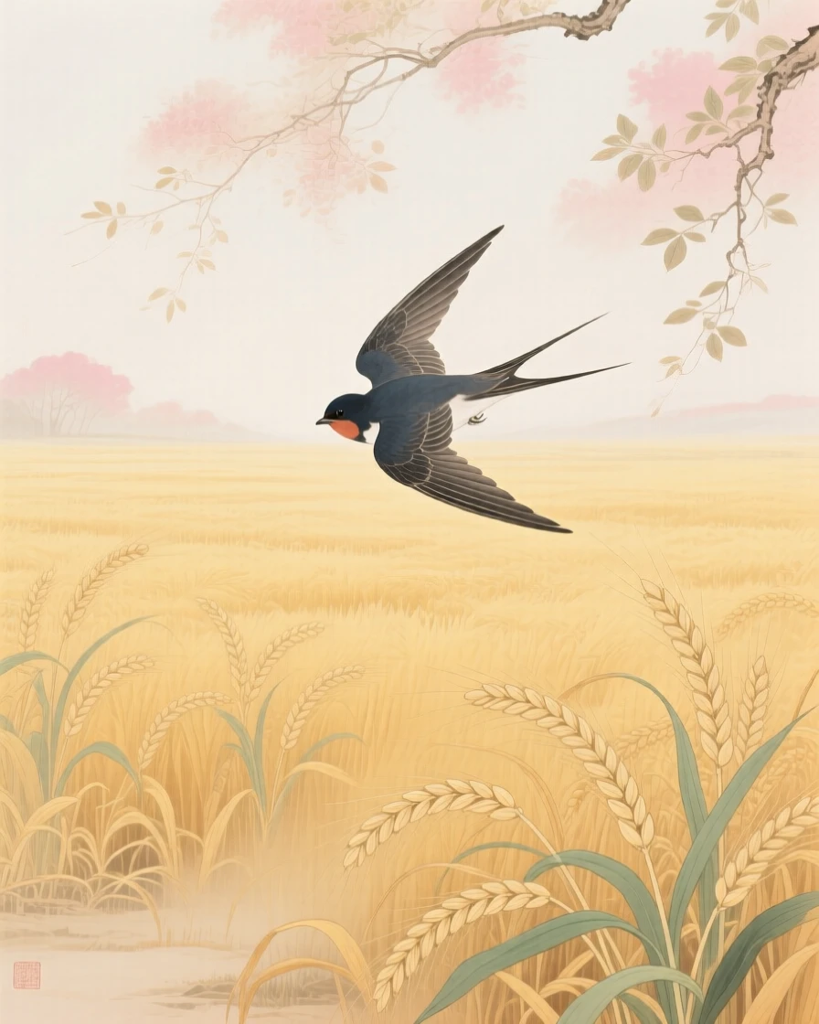 A swallow gliding low over a field of golden wheat, soft morning light filtering through the branches