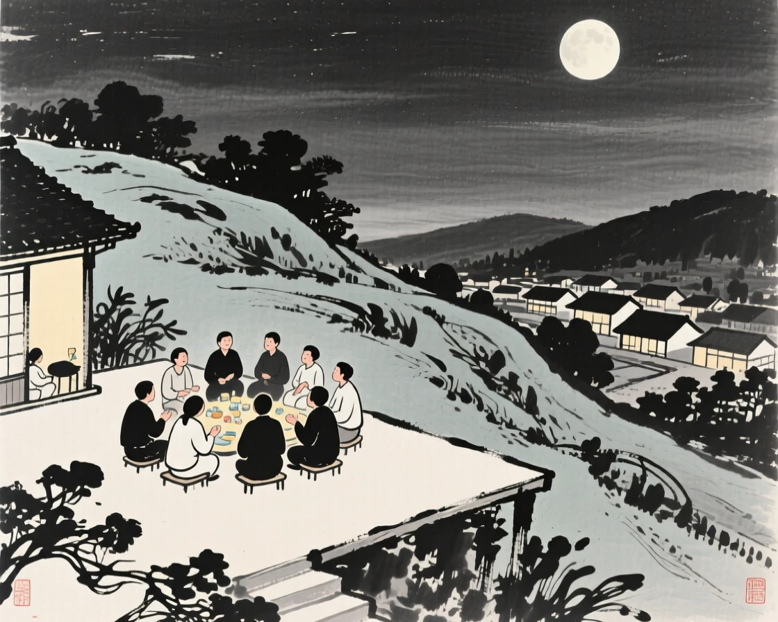 A moon-viewing gathering on a quiet garden terrace on a hillside overlooking the village below, seen from a gentle elevated view over the gathering below, evoking festive warmth and communal joy.