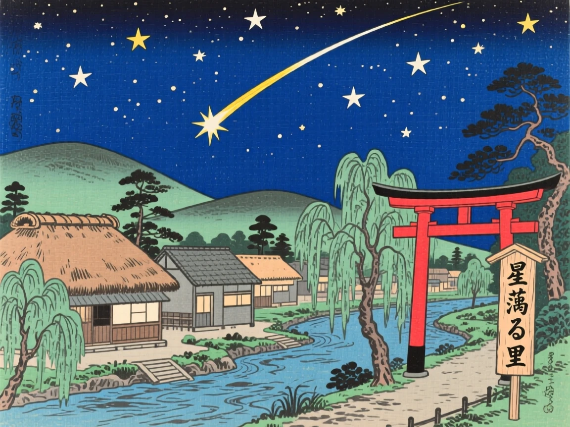 A shooting star streaking above a sleeping village, in perfect synchronized motion.