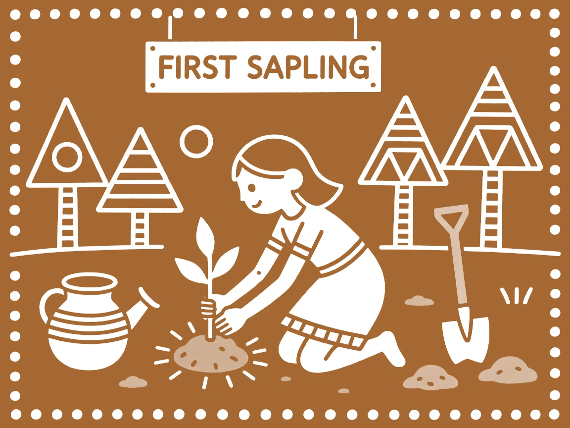 A young girl planting her first sapling in the family garden.