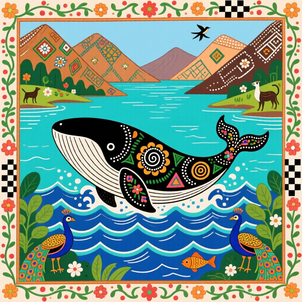 A whale breaching in a quiet fjord beneath distant mountains.