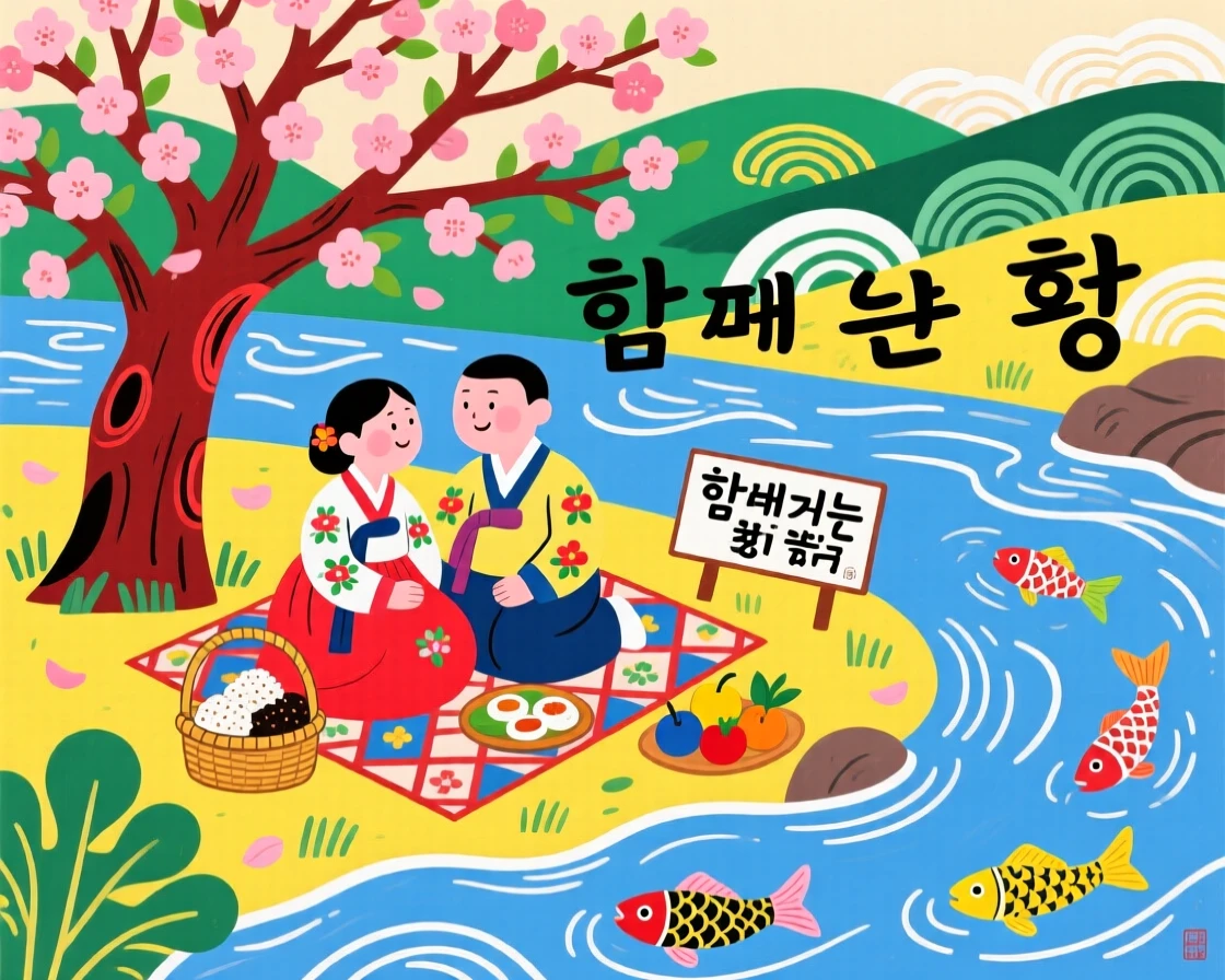 A couple sharing a quiet picnic under a blossoming tree beside a gently flowing river.