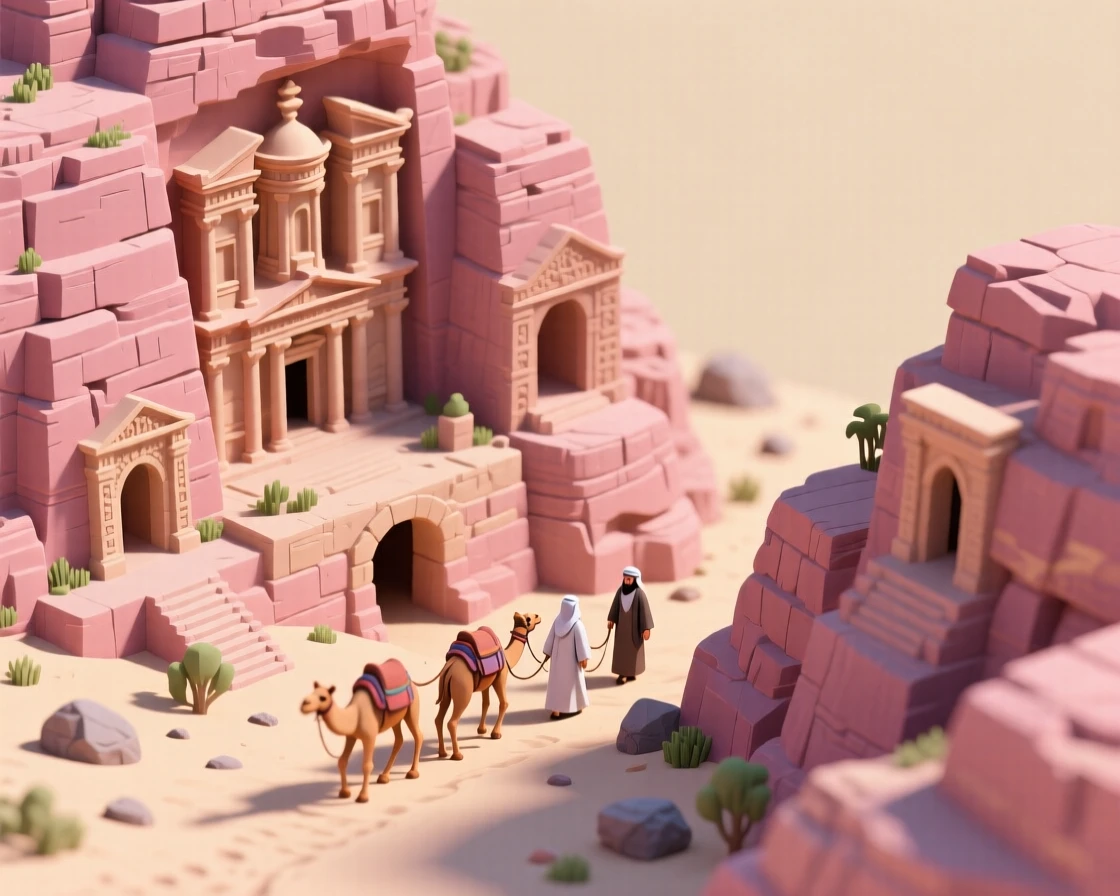 An ancient Nabataean city carved into rose-colored cliffs, a caravan arriving through a narrow canyon passage.