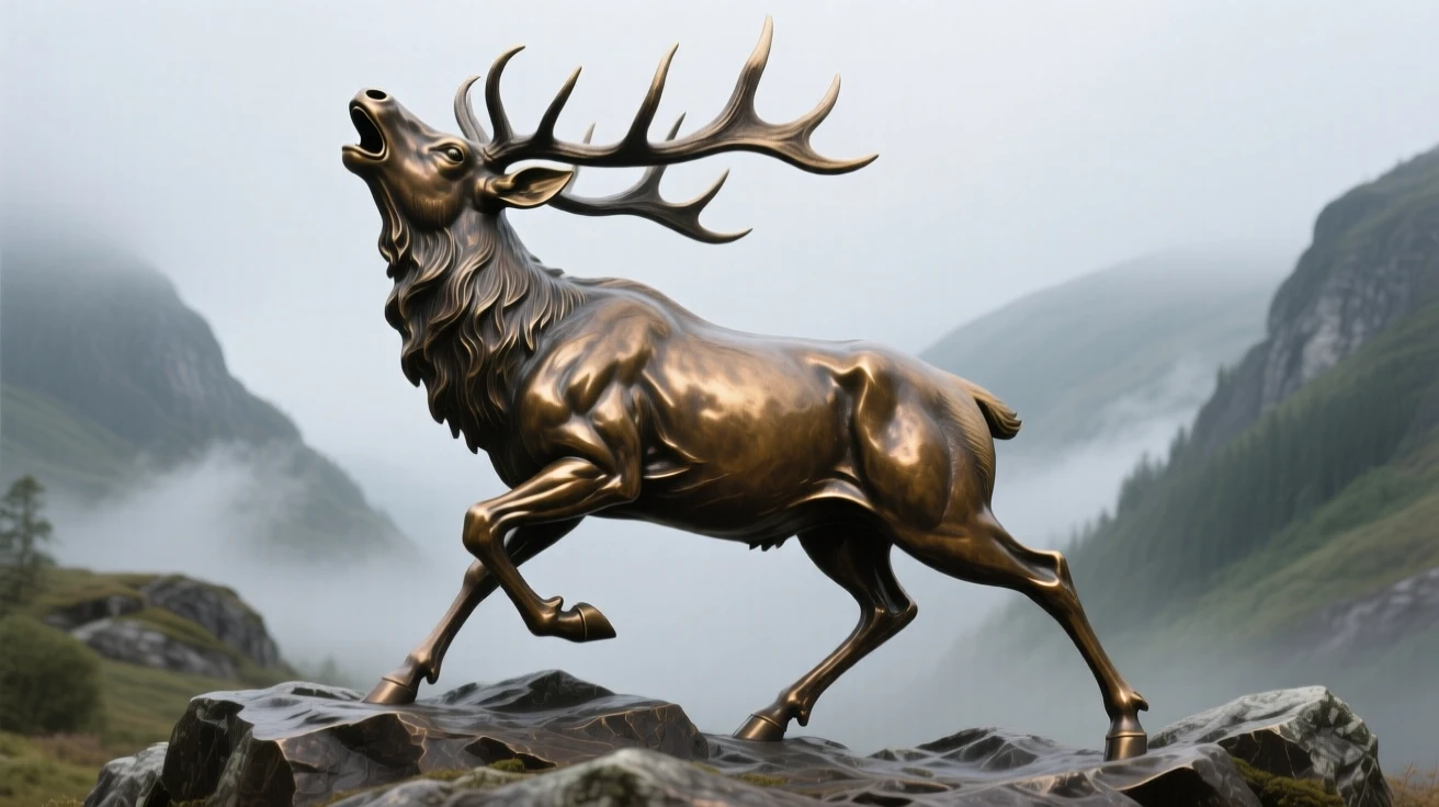 A majestic elk bugling in a misty valley, captured mid-motion with powerful grace, evoking wonder and majesty