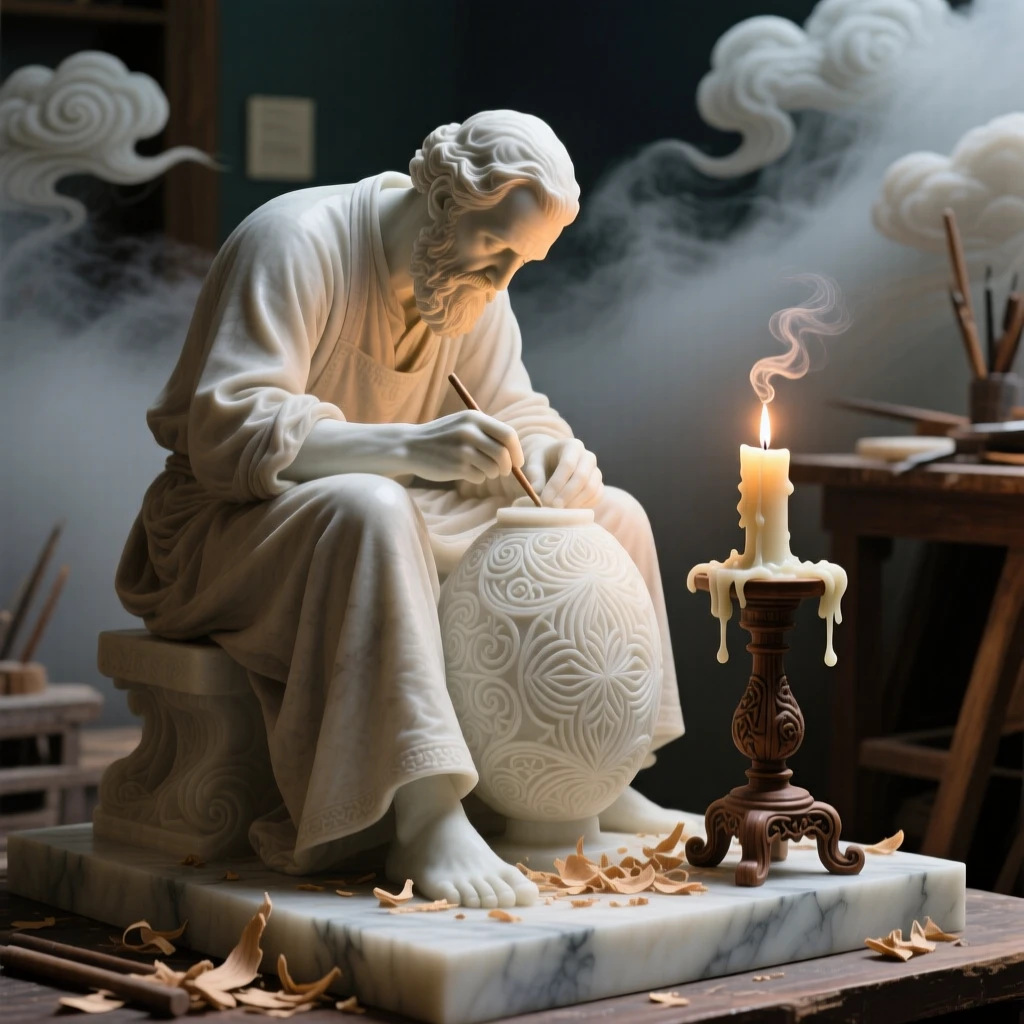 An evocative depiction of an artisan carving intricate patterns by candlelight, amid swirling clouds and mist, balancing detail with emotional depth