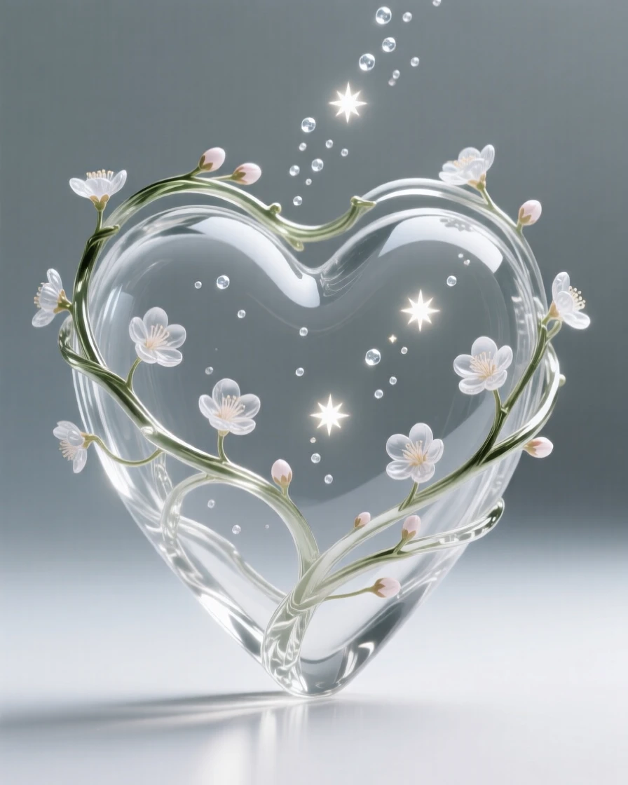 A heart formed from a tangle of blooming vines while small particles drift upward like scattered stars