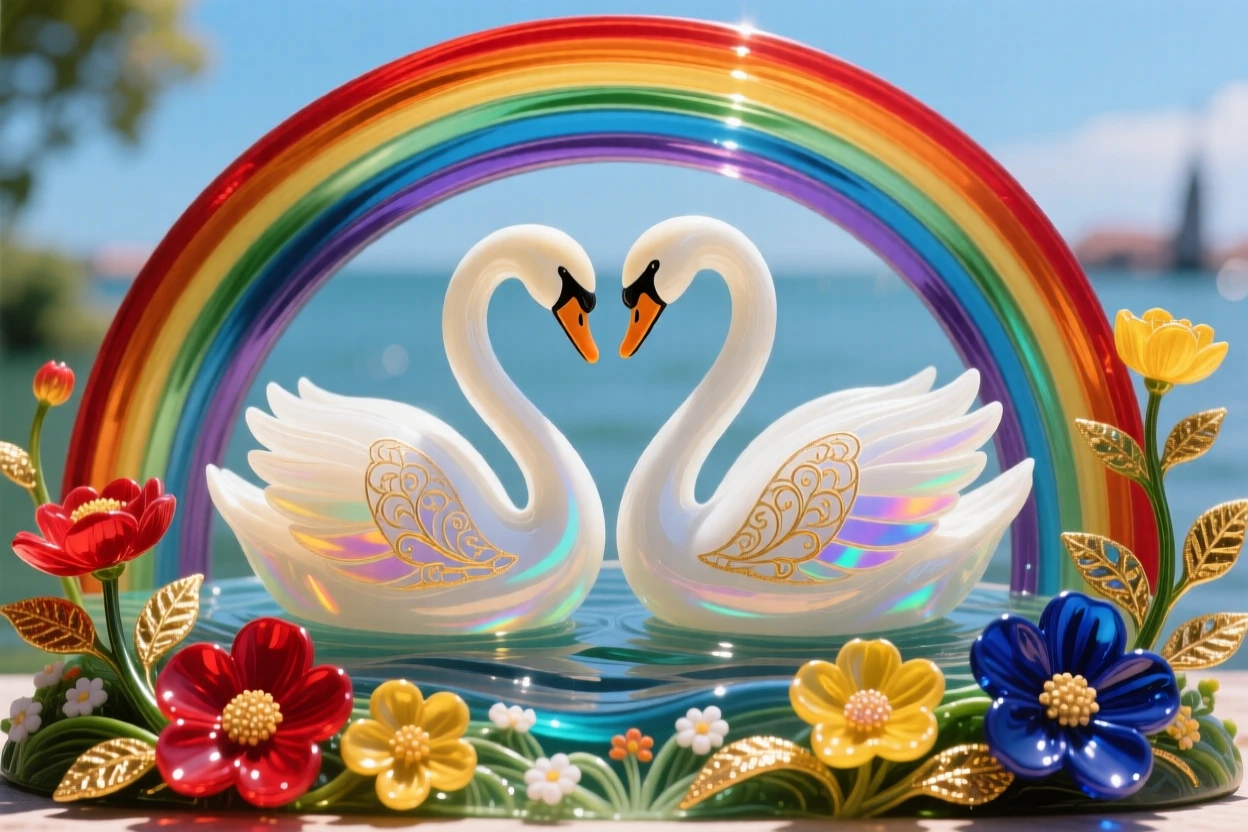 A pair of swans gliding beneath a rainbow arching over a blossoming garden at the height of midday, tender and hopeful.