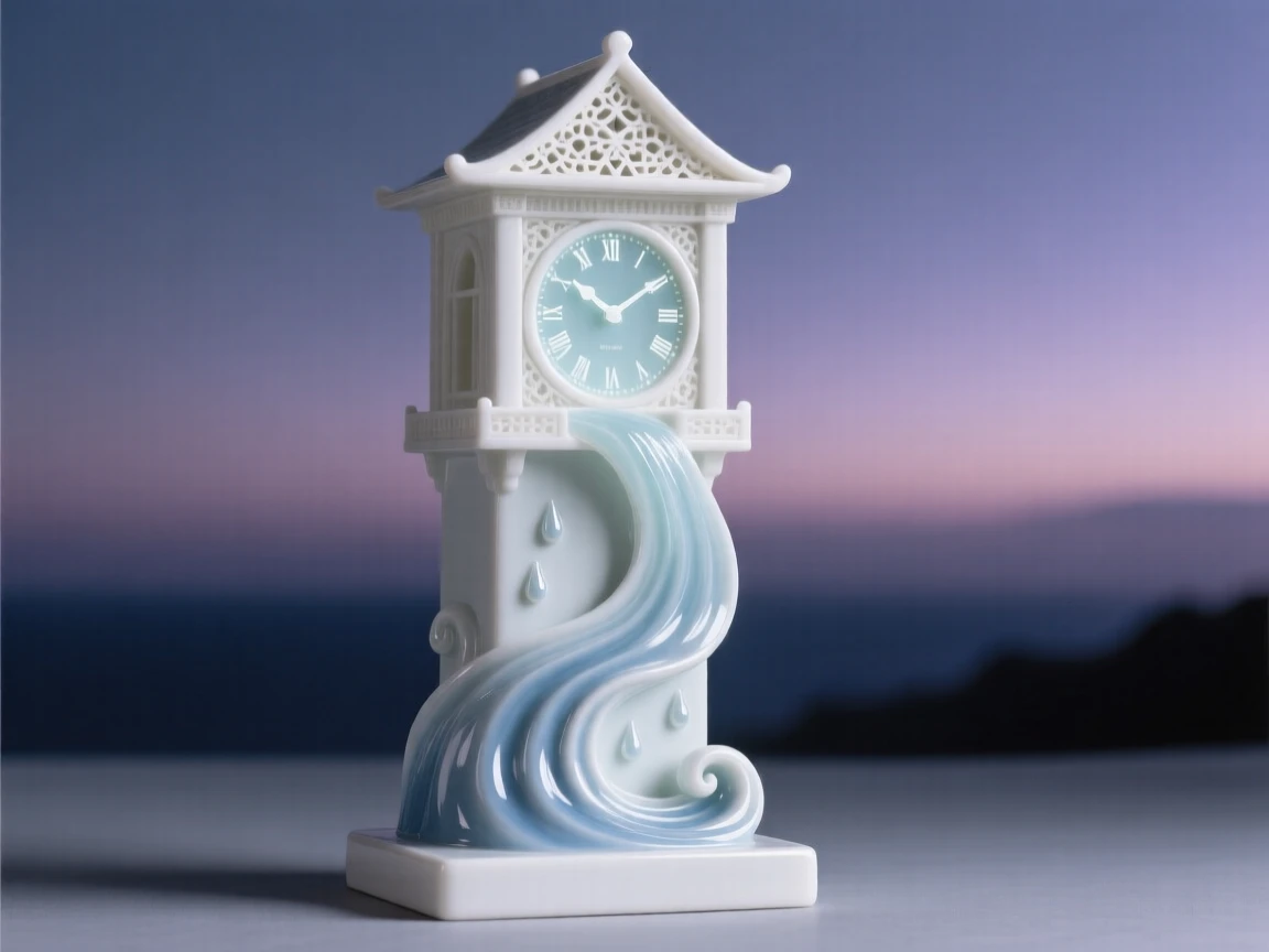 An imaginative vision of a clocktower where time visibly flows like water, glowing softly against a twilight sky.