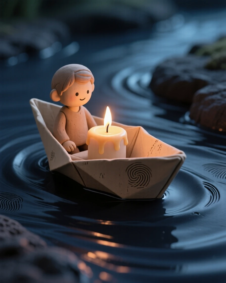 A single paper boat carrying a tiny candle down a dark river