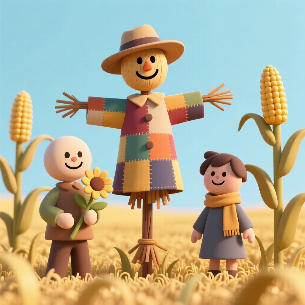 A cheerful family of scarecrows stands guard over a golden cornfield, patchwork clothes fluttering in the breeze.
