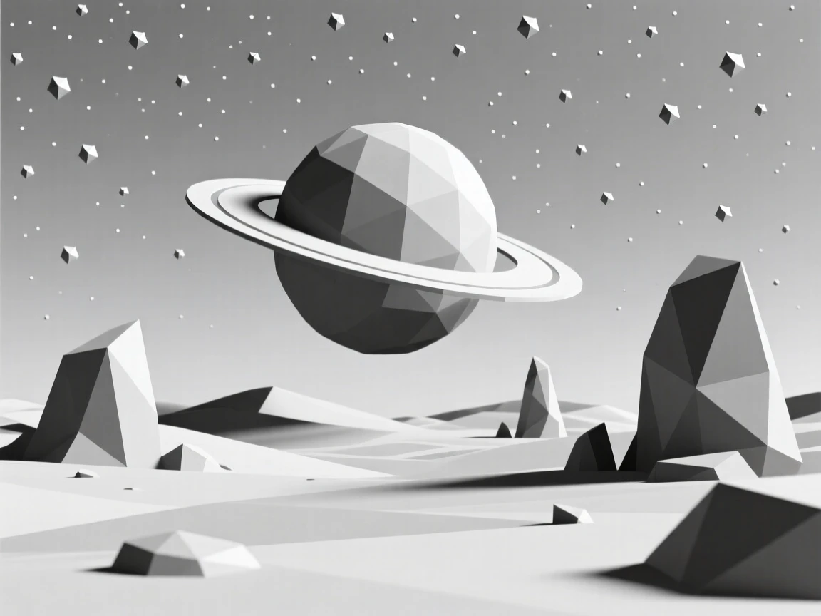 A ringed planet rising over an alien desert, beneath a sky filled with countless stars. rich color gradients enhance the dreamlike atmosphere. The scene radiates a calm, meditative stillness.