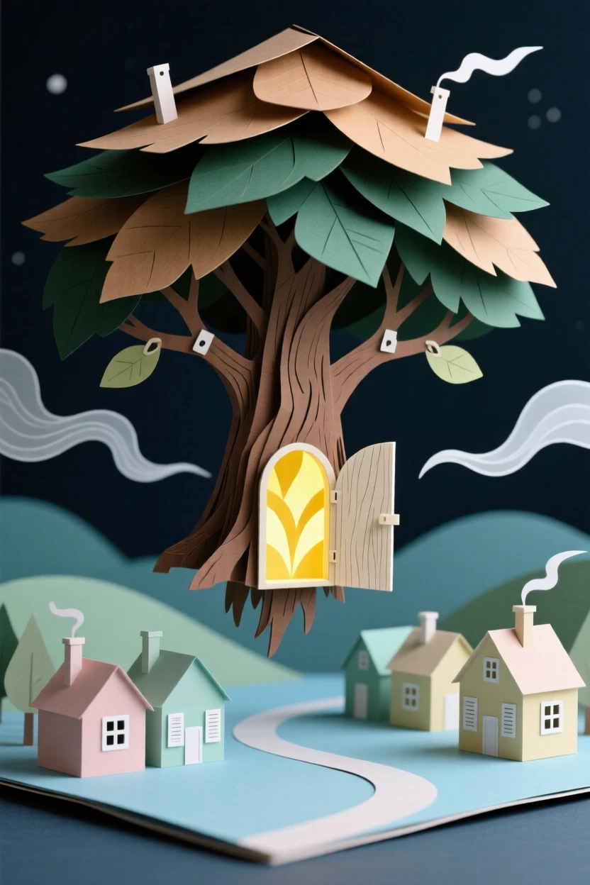 A hidden door glowing at the base of a tree drifting silently over a sleeping village, with gentle motion suggesting quiet magic, evoking dreamlike wonder and imagination.
