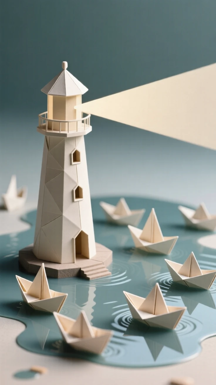 A miniature lighthouse beam sweeping across a tiny fleet of paper boats in a puddle.