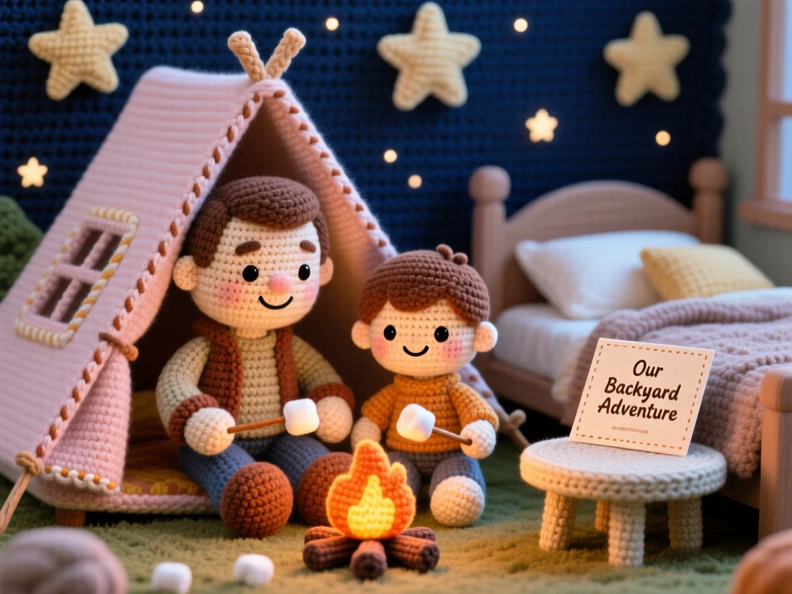 a father and son camping together in the backyard, sharing a small tent under the stars, is captured roasting marshmallows over a small fire in a cozy bedroom decorated for a good night's sleep beside a handmade card resting on the table, showing heartfelt closeness and shared happiness.