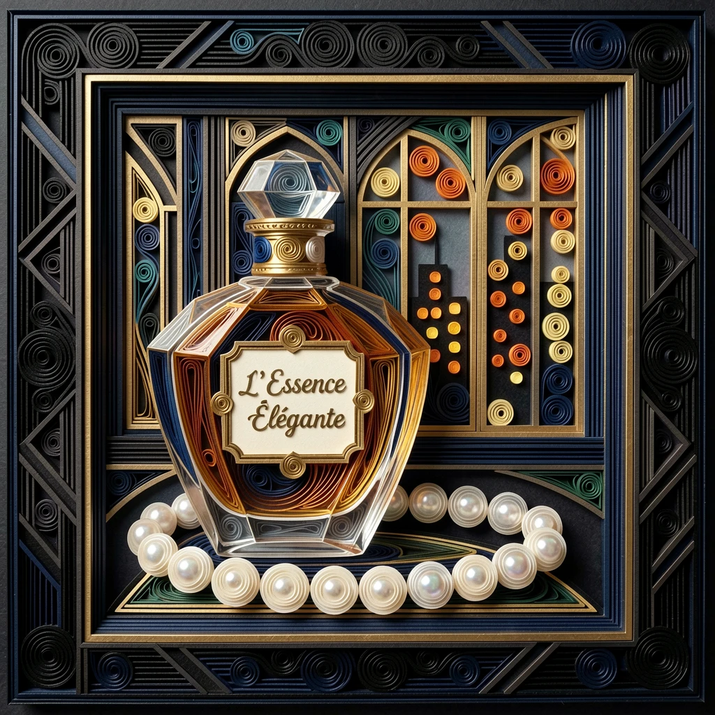 a perfume bottle beside a strand of pearls, in an elegant art deco lobby, framed with rich, deep shadows for contrast, with soft city lights glowing in the background.